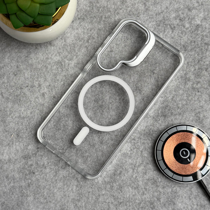 Samsung Galaxy S25 Transparent MagSafe Cover Metal Camera Bump Kick Stand