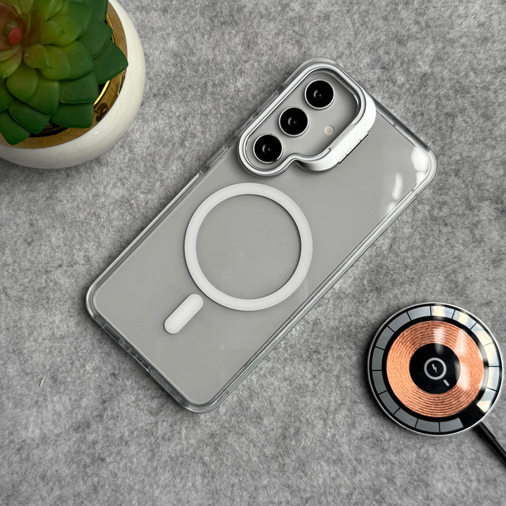 Samsung Galaxy S25 Transparent MagSafe Cover Metal Camera Bump Kick Stand