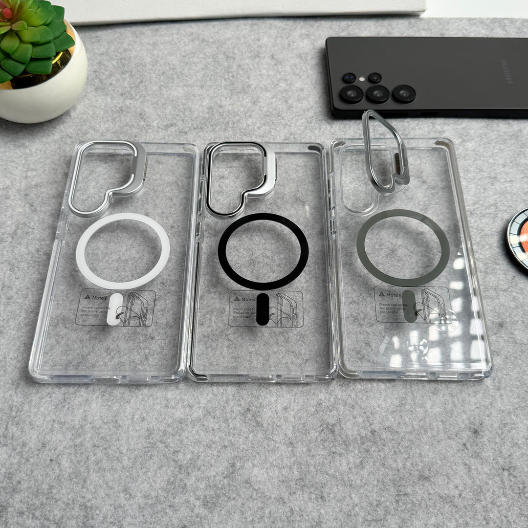 Samsung Galaxy S24 Ultra Transparent MagSafe Cover With Metal Camera Bump Kick Stand