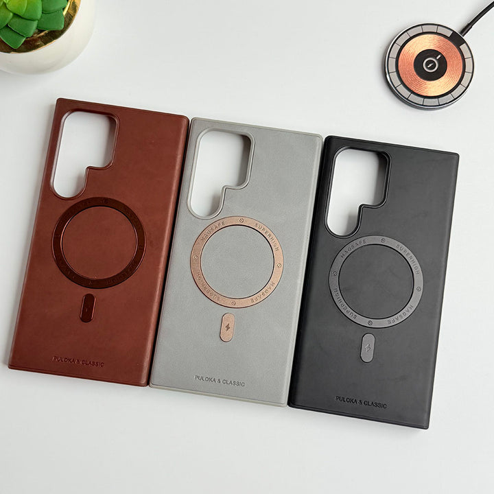 Samsung Galaxy S25 Ultra Premium PU Leather Metal MagSafe Ring Case