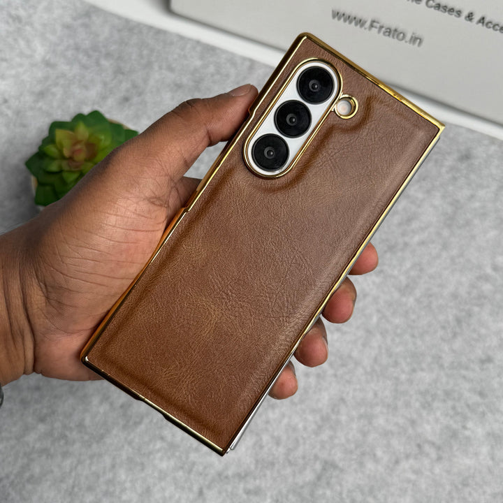 Samsung Galaxy Z Fold 6 PU Leather Chrome Plated Front Screen Protector Case Cover