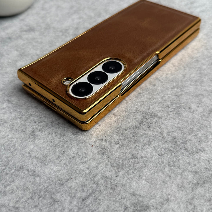Samsung Galaxy Z Fold 6 PU Leather Chrome Plated Front Screen Protector Case Cover