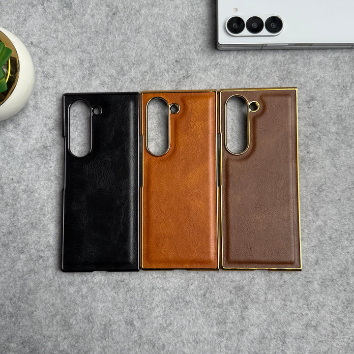 Samsung Galaxy Z Fold 6 PU Leather Chrome Plated Front Screen Protector Case Cover