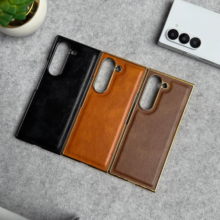 Samsung Galaxy Z Fold 6 PU Leather Chrome Plated Front Screen Protector Case Cover