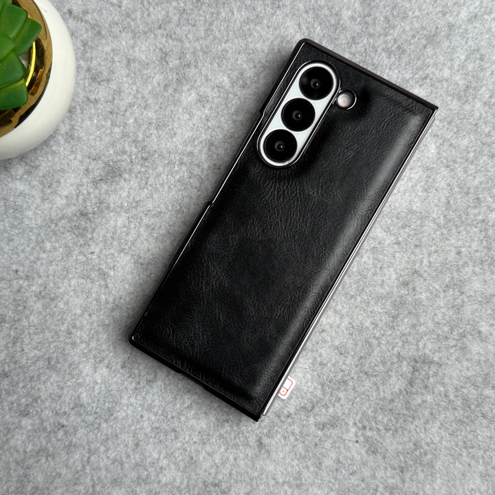 Samsung Galaxy Z Fold 6 PU Leather Chrome Plated Front Screen Protector Case Cover