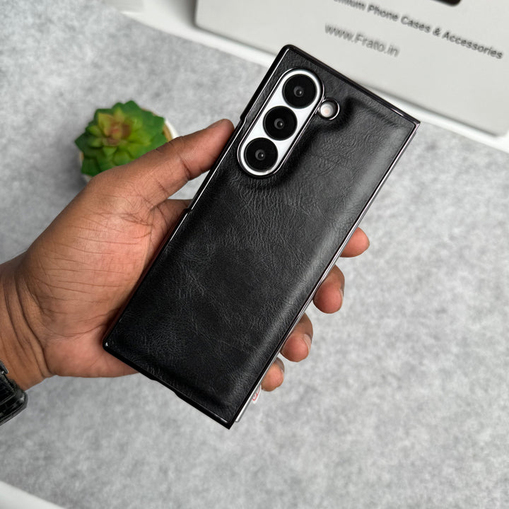 Samsung Galaxy Z Fold 6 PU Leather Chrome Plated Front Screen Protector Case Cover