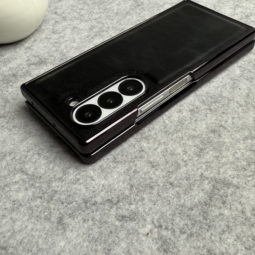 Samsung Galaxy Z Fold 6 PU Leather Chrome Plated Front Screen Protector Case Cover