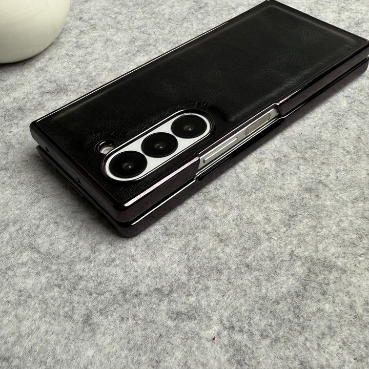 Samsung Galaxy Z Fold 6 PU Leather Chrome Plated Front Screen Protector Case Cover