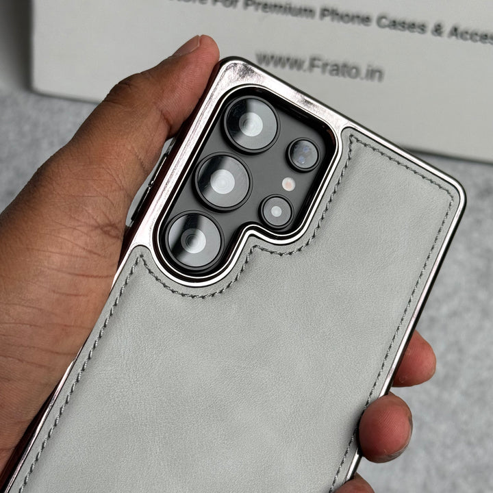 Samsung Galaxy S22 Ultra Textured Premium PU Leather Side Chrome Cover Titanium Gray