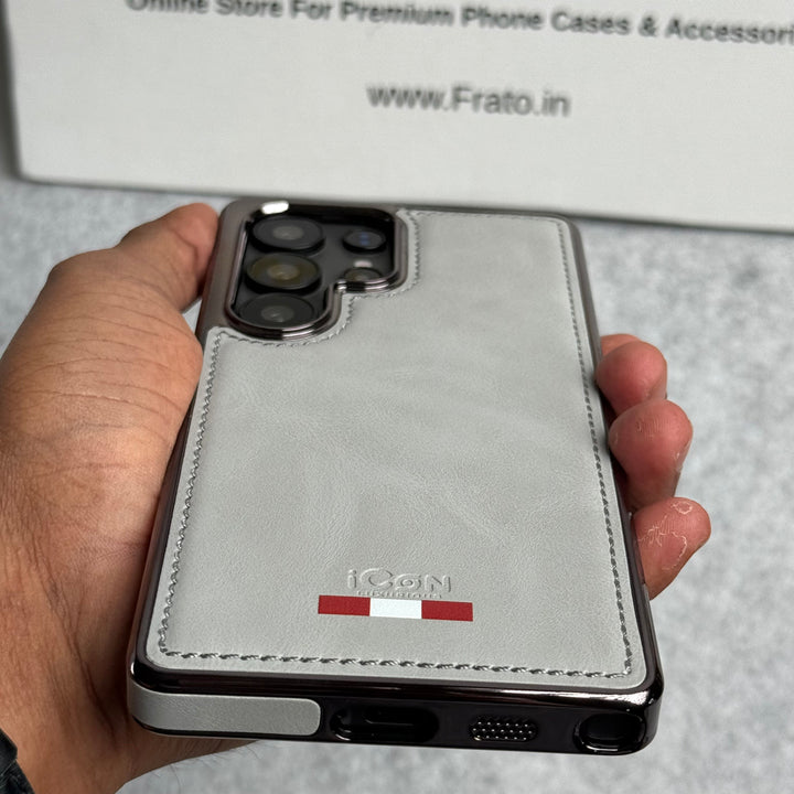 Samsung Galaxy S22 Ultra Textured Premium PU Leather Side Chrome Cover Titanium Gray
