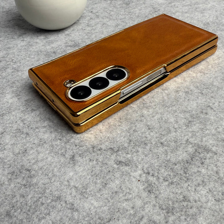 Samsung Galaxy Z Fold 6 PU Leather Chrome Plated Front Screen Protector Case Cover