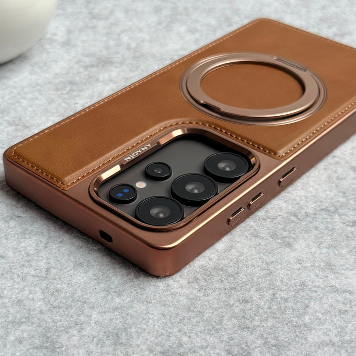 Samsung Galaxy S25 Ultra Leather Mate Chrome Plated Rotating Stand Case Cover