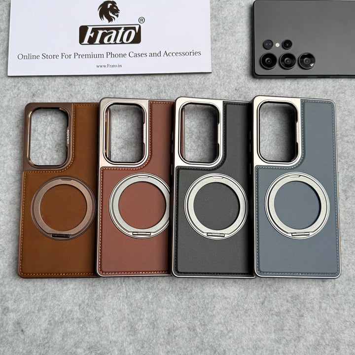 Samsung Galaxy S25 Ultra Leather Mate Chrome Plated Rotating Stand Case Cover