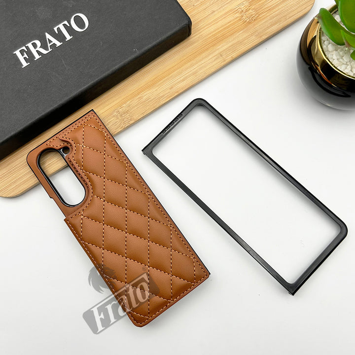 Samsung Galaxy Z Fold 5 Fashion Puffer Leather Stitch Design Card Holder Case Cover