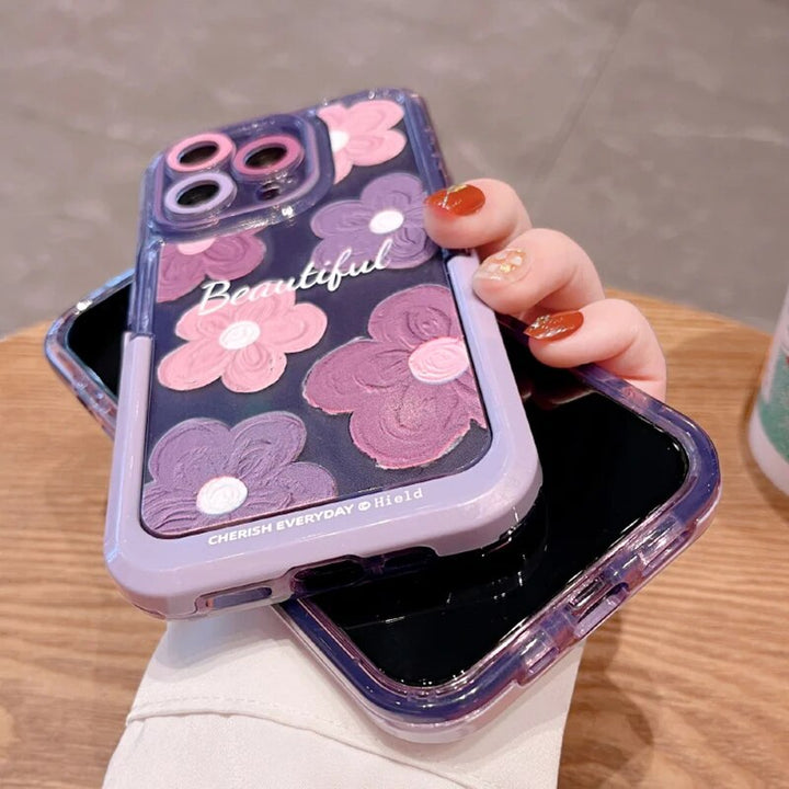 iPhone 15 Series Beautiful Purple Glossy Floral With Kickstand Case Cover