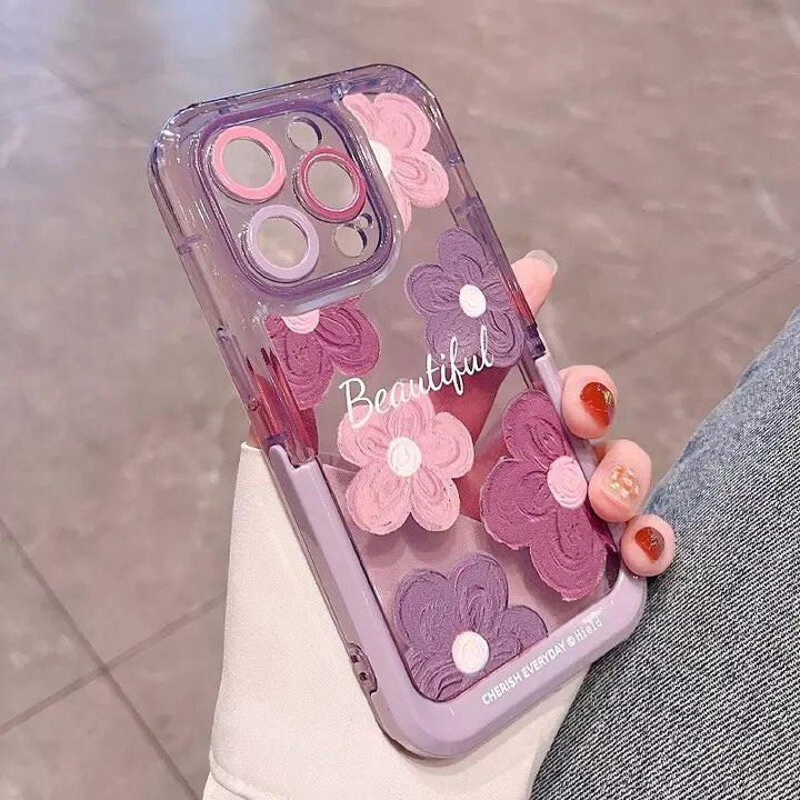 iPhone 15 Series Beautiful Purple Glossy Floral With Kickstand Case Cover