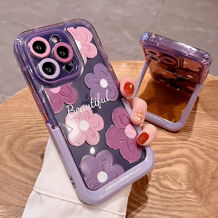 iPhone 15 Series Beautiful Purple Glossy Floral With Kickstand Case Cover
