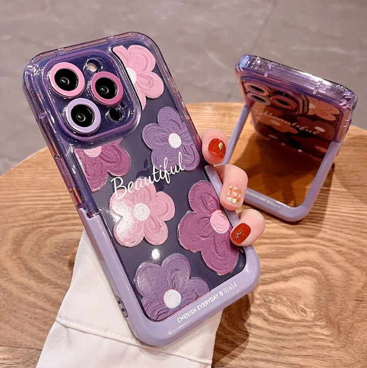 iPhone Beautiful Purple Glossy Floral With Kickstand Case Cover