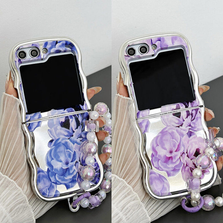 Samsung Galaxy Z Flip 5 Flower Design Curly Wave Frame Plated Case Cover with Crystal Pearl Chain