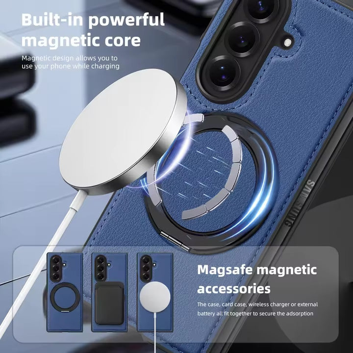 Galaxy Z Fold 7 Premium Leather MagSafe Case | Strong Magnetic Ring | Shockproof Back Cover with Luxe PU Leather Finish