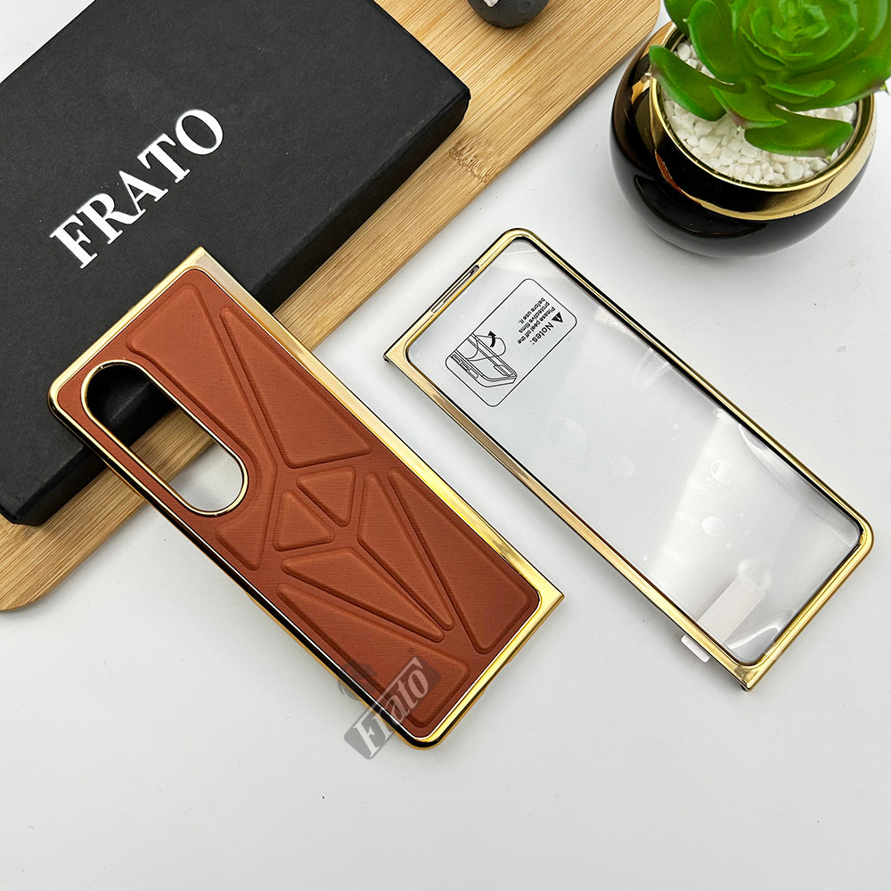 Samsung Galaxy Z Fold 4 Chrome Plated Geometric Pattern Leather Design Case Cover