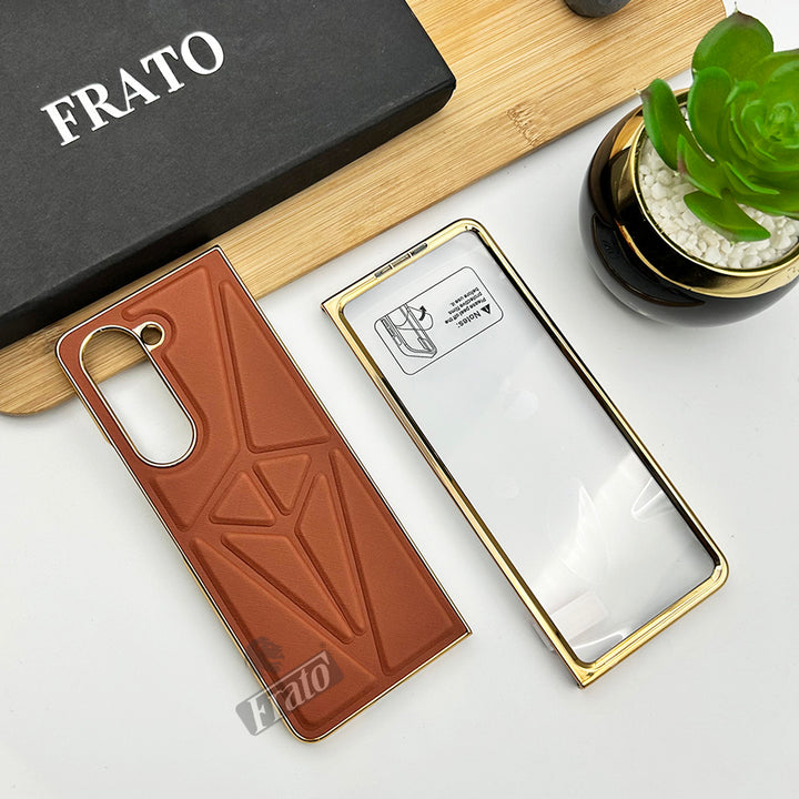 Samsung Galaxy Z Fold 5 Chrome Plated Geometric Pattern Leather Design Case Cover