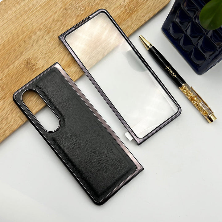 Samsung Galaxy Z Fold 3 PU Leather Chrome Plated With Front Screen Protector Case Cover