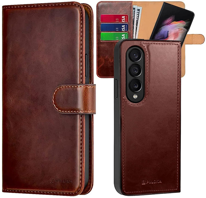 Samsung Z Fold 4 Leather Flip 2 in 1 Detachable Front and Back Wallet Case Cover With S Pen Holder(Brown)