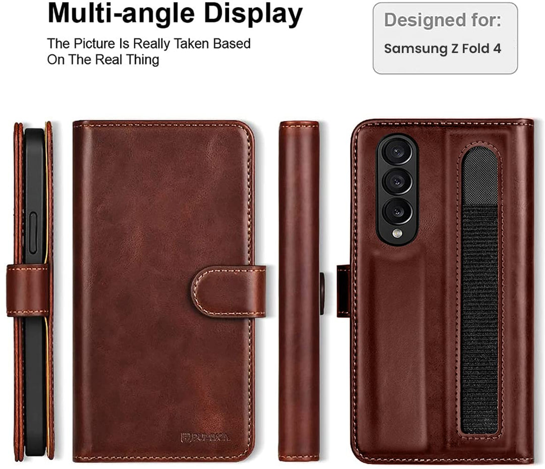 Samsung Z Fold 4 Leather Flip 2 in 1 Detachable Front and Back Wallet Case Cover With S Pen Holder(Brown)