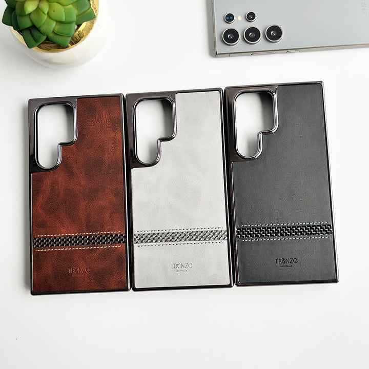 Samsung Galaxy S24 Ultra Textured Stripe PU Leather Side Chrome Case Cover