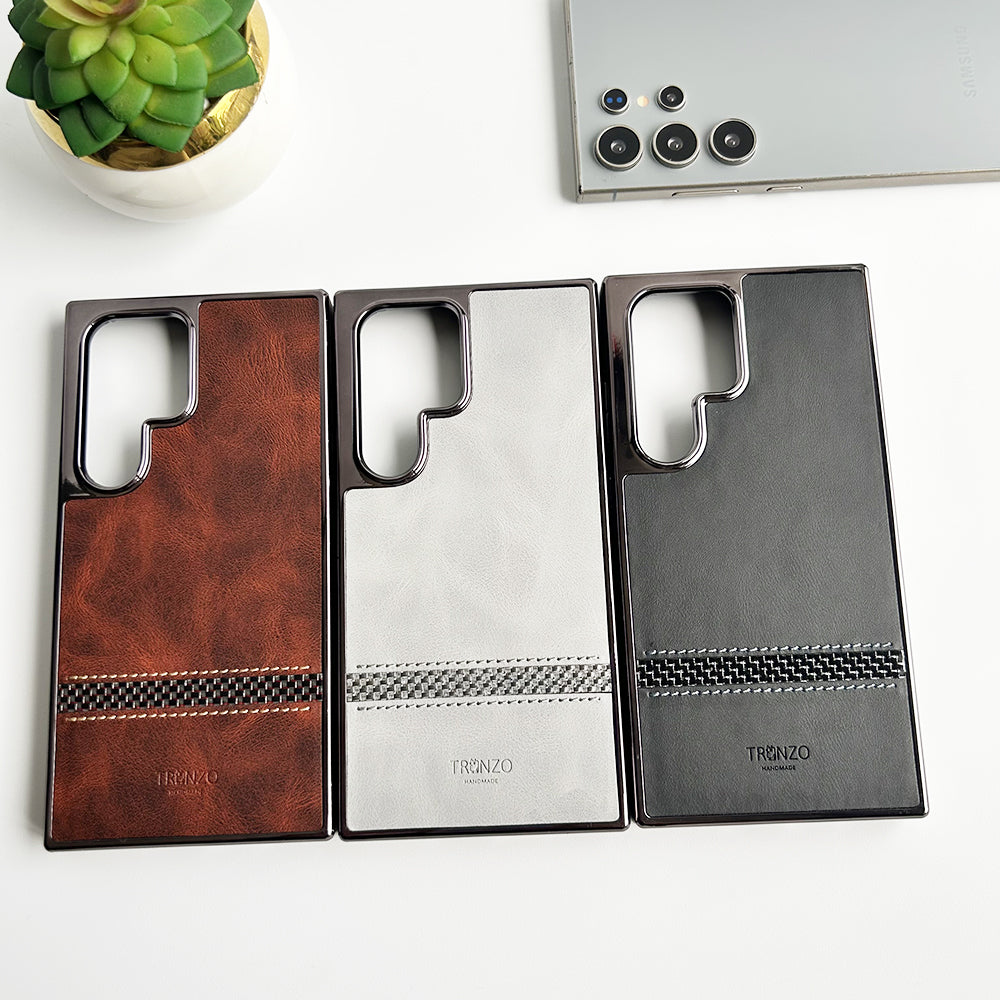 Samsung Galaxy S24 Ultra Textured Stripe PU Leather Side Chrome Case Cover