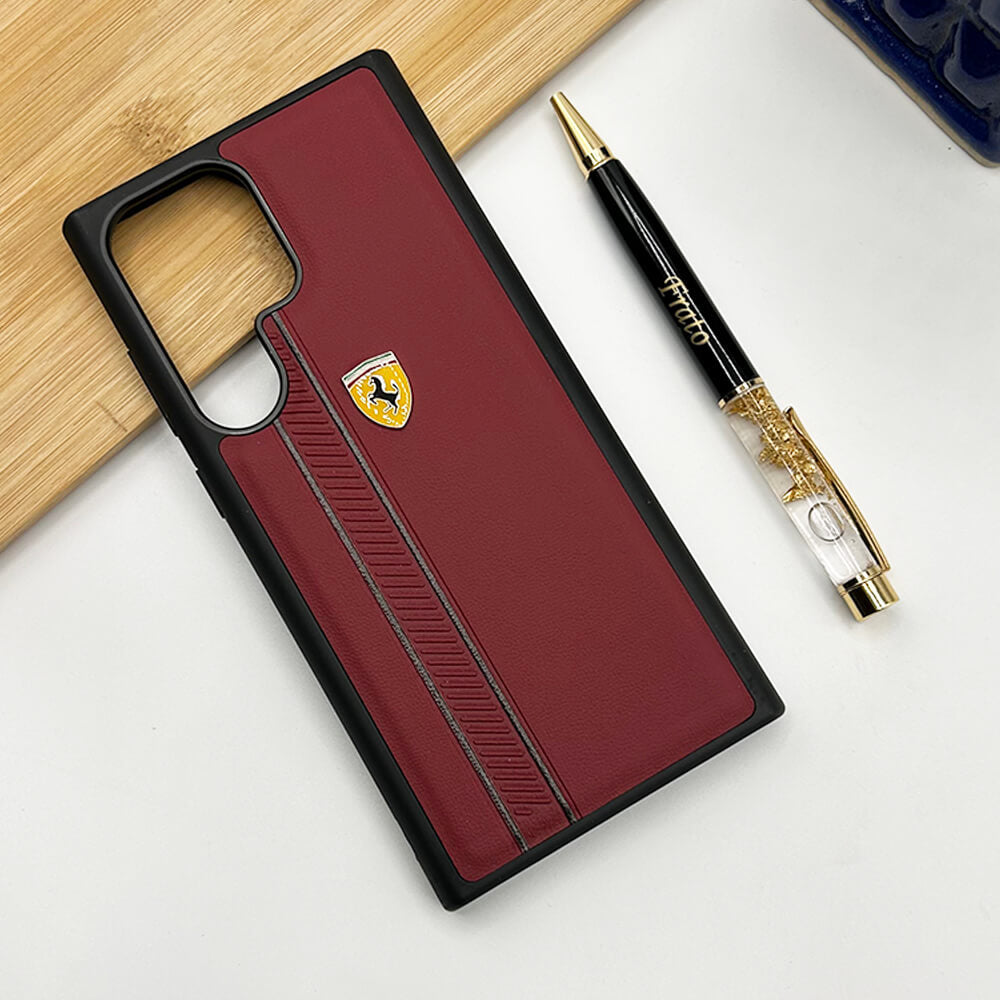 Samsung S23 Ultra Ferrari Stripe Leather Case Cover Maroon