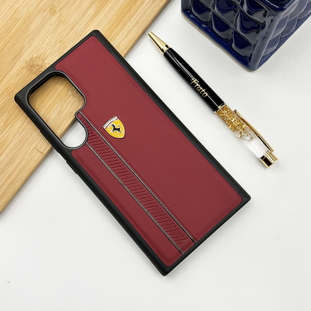 Samsung S23 Ultra Ferrari Stripe Leather Case Cover Maroon