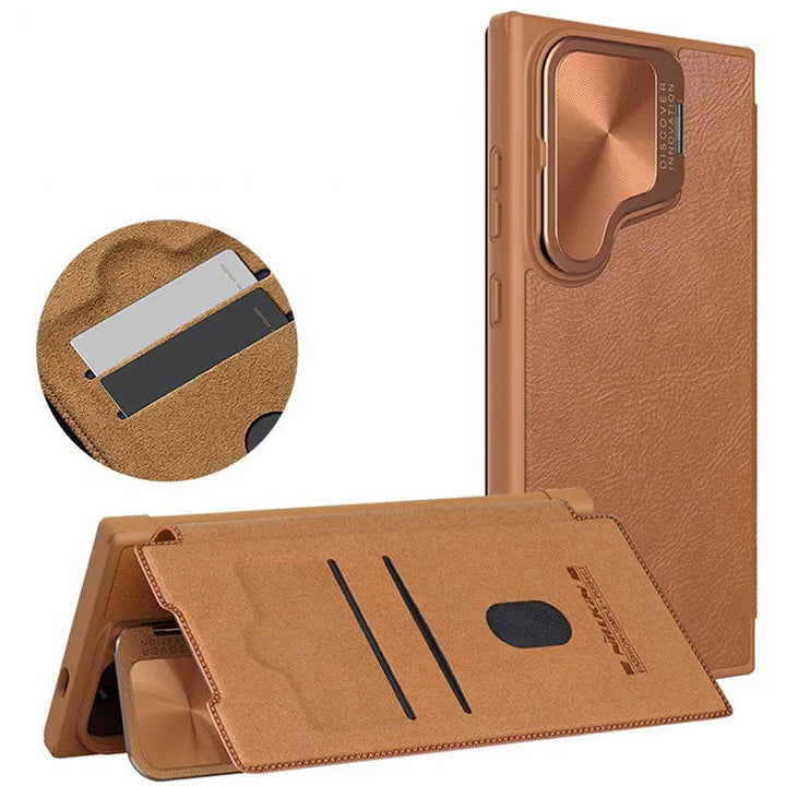 Samsung Galaxy S24 Ultra Camera Protection Nillkin Qin Prop Leather Flip Cover Brown