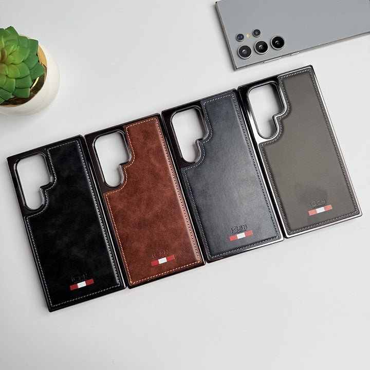 Samsung Galaxy S22 Ultra Textured Premium PU Leather Side Chrome Case Cover