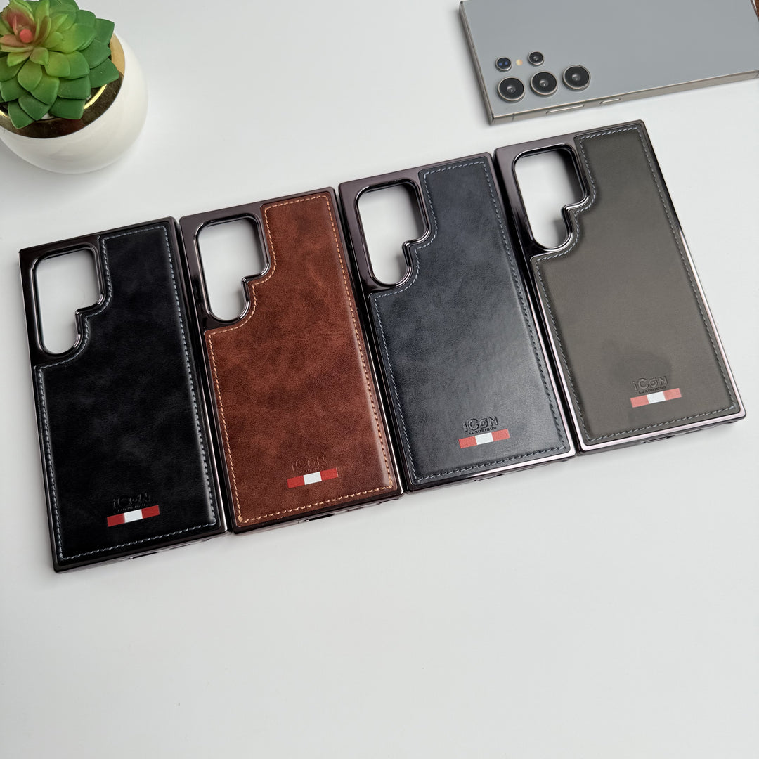 Samsung Galaxy S22 Ultra Textured Premium PU Leather Side Chrome Case Cover