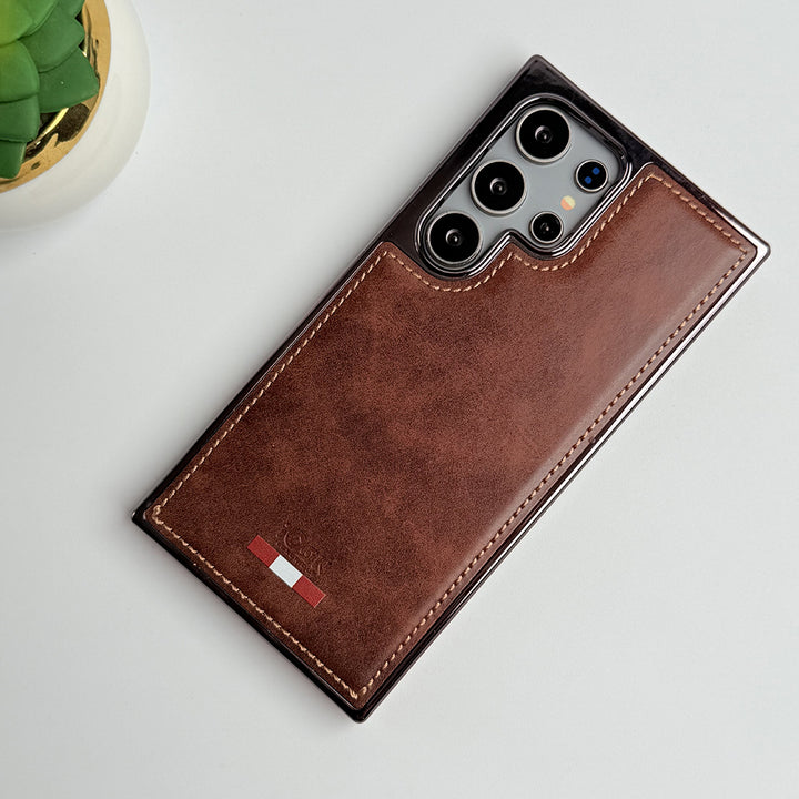 Samsung Galaxy S22 Ultra Textured Premium PU Leather Side Chrome Case Cover