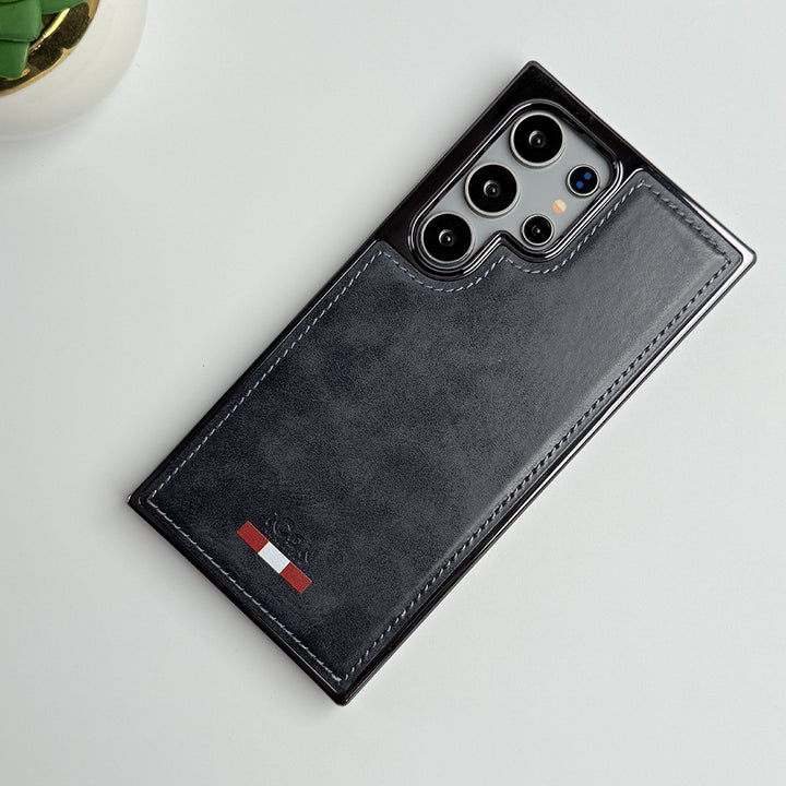 Samsung Galaxy S22 Ultra Textured Premium PU Leather Side Chrome Case Cover