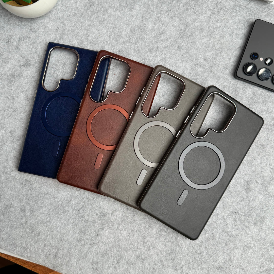 Samsung Galaxy S23 Ultra Metallic Textured Leather MagSafe Ring Case Cover