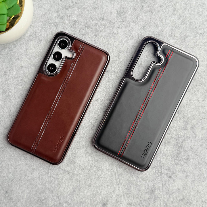 Samsung Galaxy S24 Middle Stitch PU Leather Side Chrome Case Cover