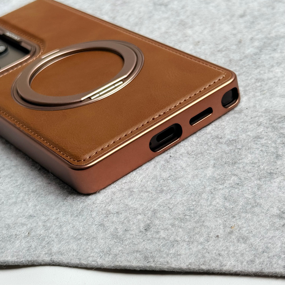 Samsung Galaxy S24 Ultra Leather Mate Chrome Plated Rotating Stand Case Cover