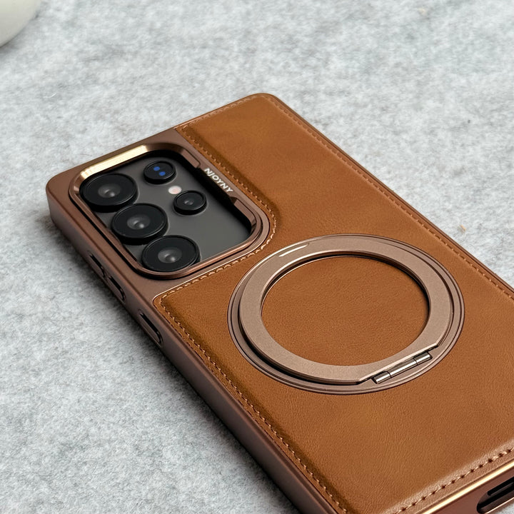 Samsung Galaxy S24 Ultra Leather Mate Chrome Plated Rotating Stand Case Cover