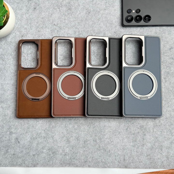 Samsung Galaxy S24 Ultra Leather Mate Chrome Plated Rotating Stand Case Cover
