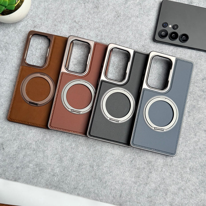 Samsung Galaxy S24 Ultra Leather Mate Chrome Plated Rotating Stand Case Cover