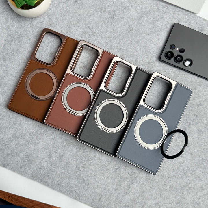 Samsung Galaxy S24 Ultra Leather Mate Chrome Plated Rotating Stand Case Cover