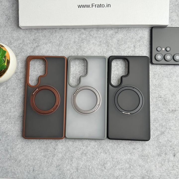 Samsung Galaxy S24 Ultra Rubberized Smoke Cover With 360 Rotating Metal Stand
