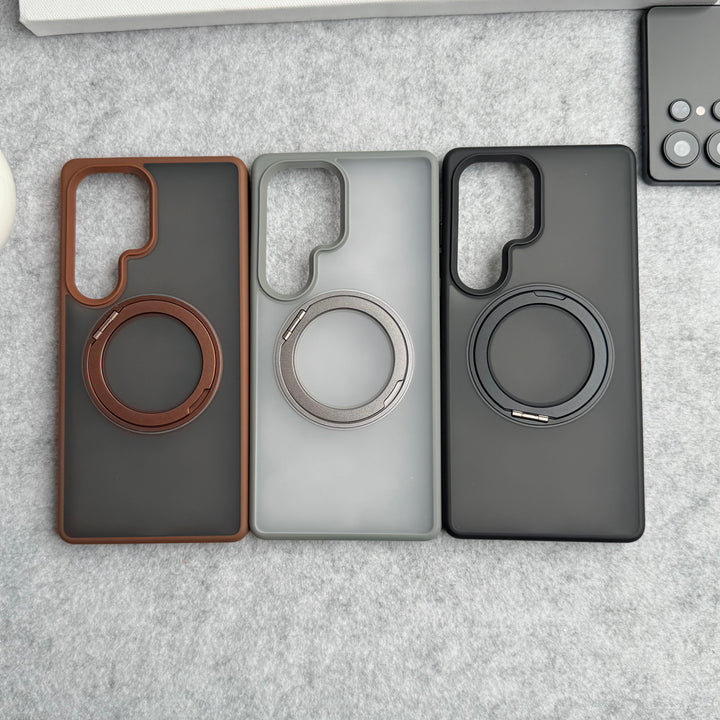 Samsung Galaxy S24 Ultra Rubberized Smoke Cover With 360 Rotating Metal Stand