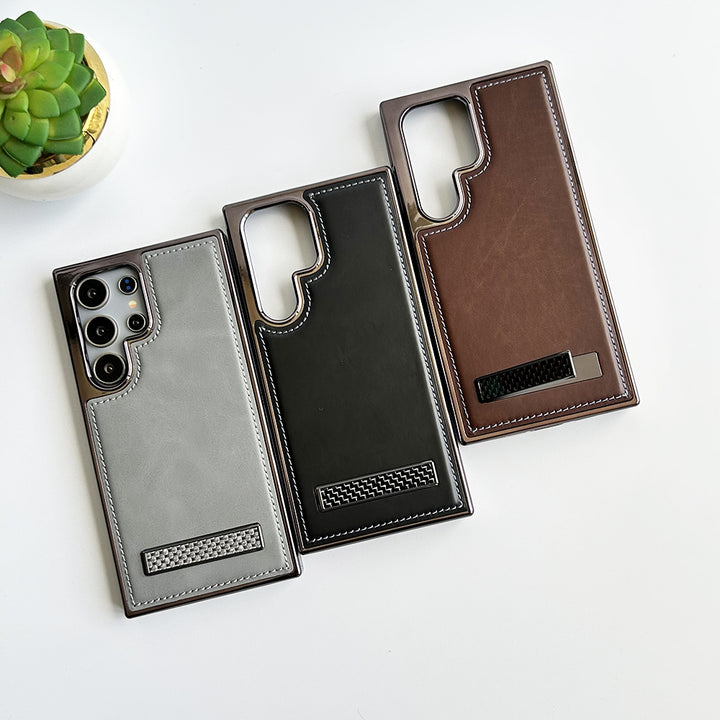 Samsung Galaxy S24 Ultra Textured Stripe Stand PU Leather Side Chrome Case Cover