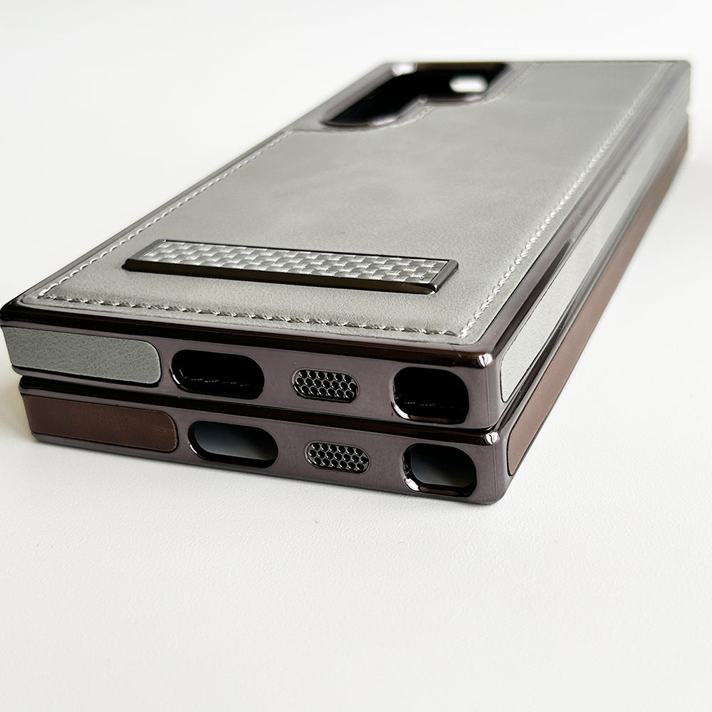 Samsung Galaxy S24 Ultra Textured Stripe Stand PU Leather Side Chrome Case Cover