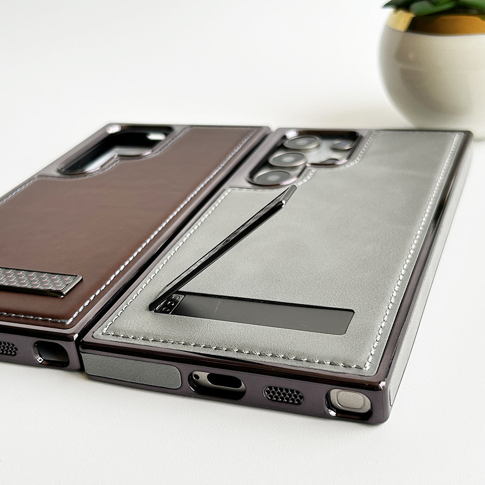 Samsung Galaxy S24 Ultra Textured Stripe Stand PU Leather Side Chrome Case Cover